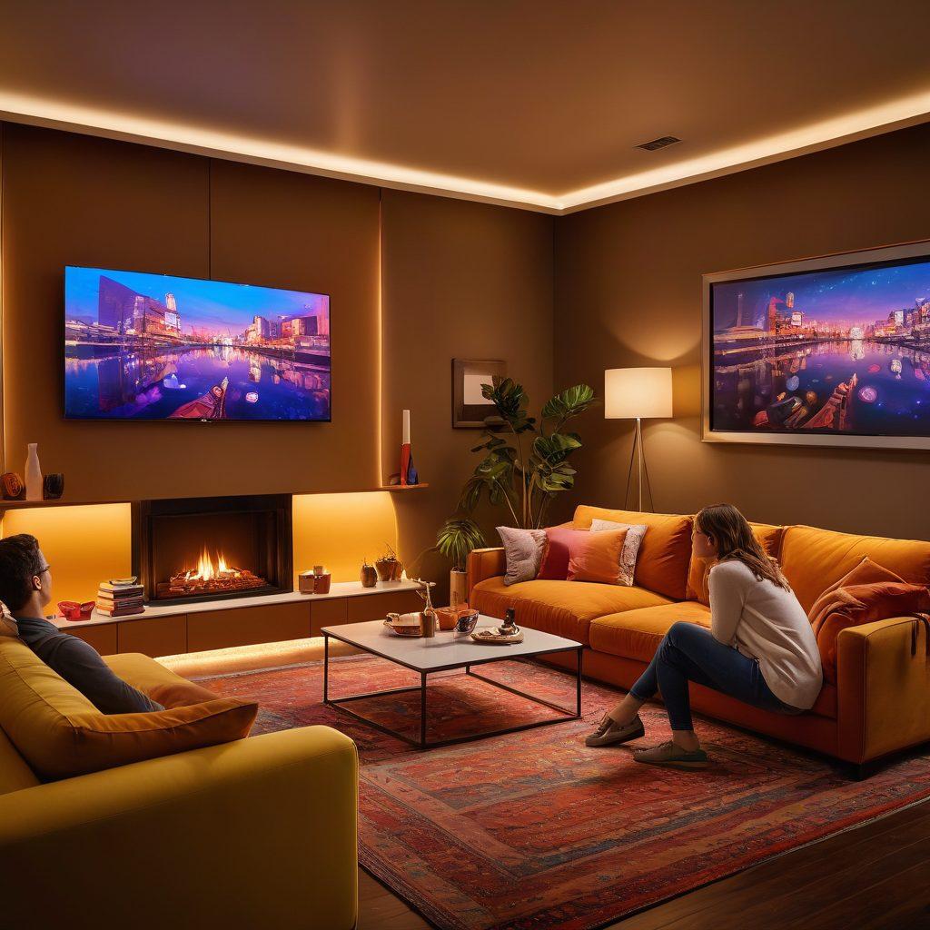 A cozy living room with a plush sofa, multiple screens displaying various streaming platforms, snacks scattered around, and a group of friends laughing and engaged in an interactive game. The room is illuminated by soft, colorful lights, showcasing a mix of digital elements like a remote and VR headset. super-realistic. vibrant colors. warm ambiance.