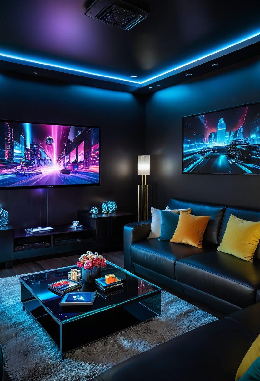 A futuristic living room showcasing a family enjoying various streaming screens featuring movies, music, and games. The room is filled with advanced technology like holographic projectors and smart devices. Colorful lighting emphasizes the cozy yet high-tech atmosphere. Include elements of interaction such as virtual reality headsets and a popcorn bowl. cyberpunk. vibrant colors. 3D.