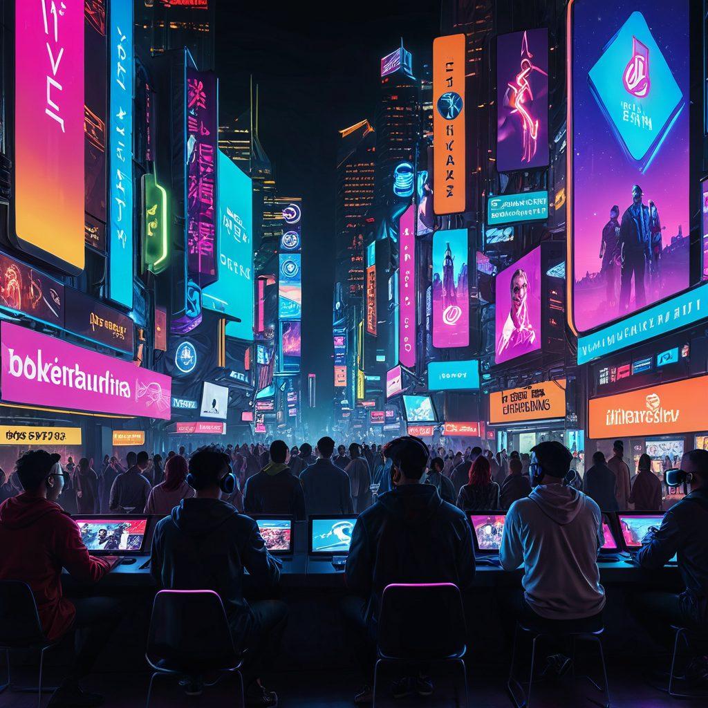A futuristic city skyline at night filled with neon lights, showcasing various streaming platforms on billboards. In the foreground, diverse people of different cultures enjoying entertainment on digital devices. Incorporate elements like 3D holograms and immersive VR experiences. The atmosphere should be vibrant and engaging, capturing the essence of modern entertainment. cyberpunk. vibrant colors. dark background.